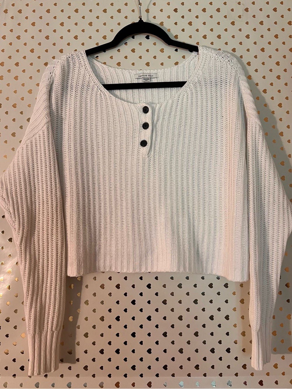 American Eagle Outfitters White Cropped Ribbed Henley Sweater
